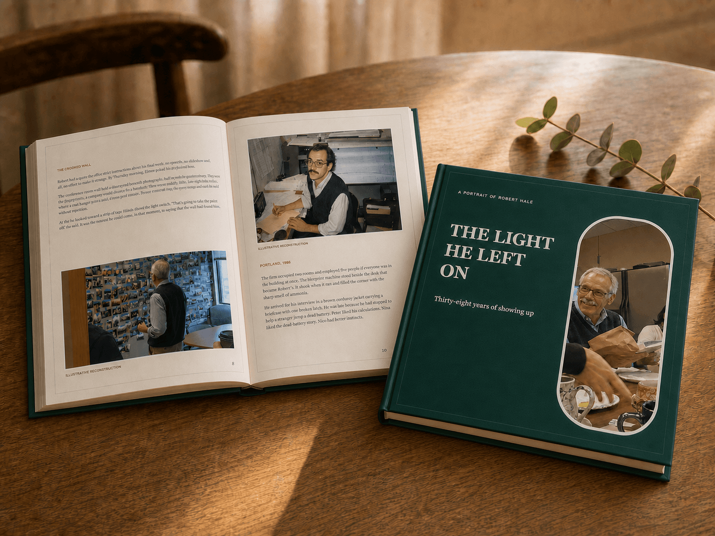 The Light He Left On retirement hardcover beside a symmetrical two-page story spread on a warm wooden table